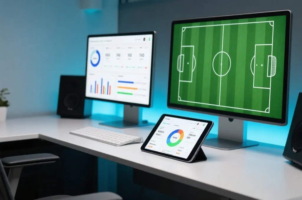 平板电脑上并排显示的足球赛事战术分析图表与绿茵场示意图